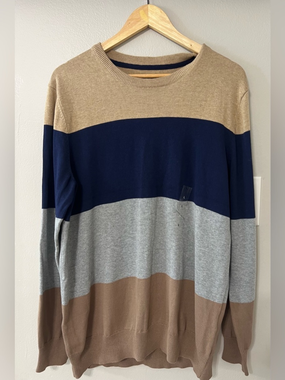 Club Room Colorblock Cotton Sweater Mens Large Beige Blue Gray Crew Neck NWT